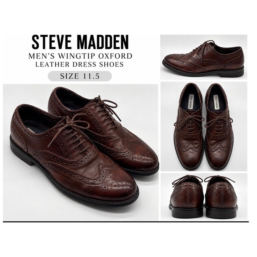 Steve Madden Mens Brown Leather Wingtip Brogue Oxford Shoes 11.5